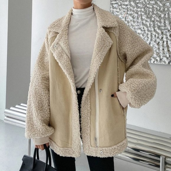 khaki "It coat" zip up faux suede teddy coat contemporary minimalist luxury - Picture 6 of 8